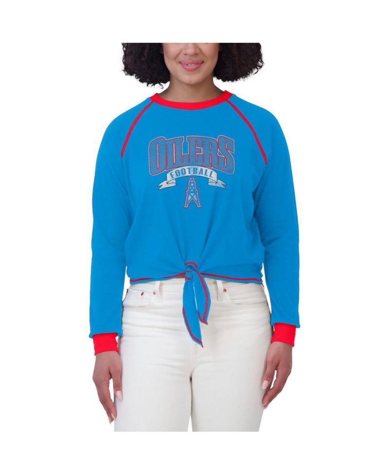 Women's Light Blue/Red Houston Oilers Tie-Front Long Sleeve Top