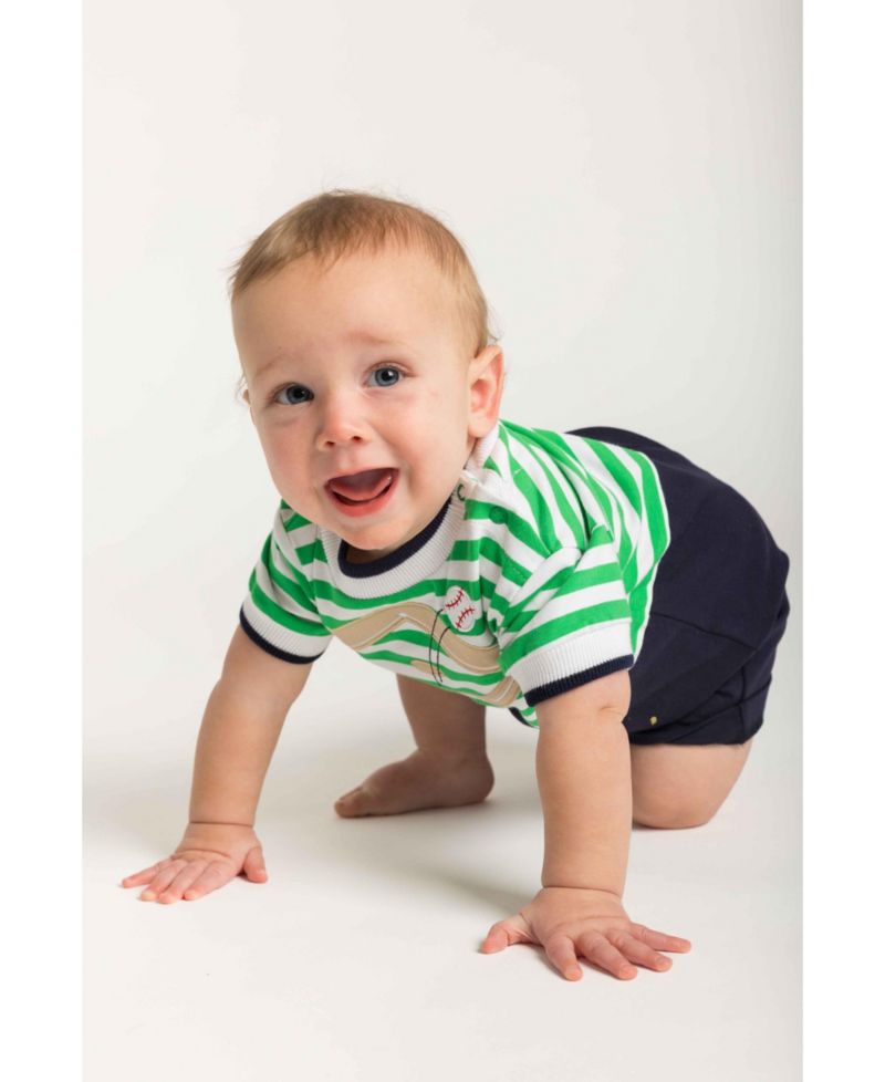 Baby Boy Stripe Knit Shortall With Baseball Field