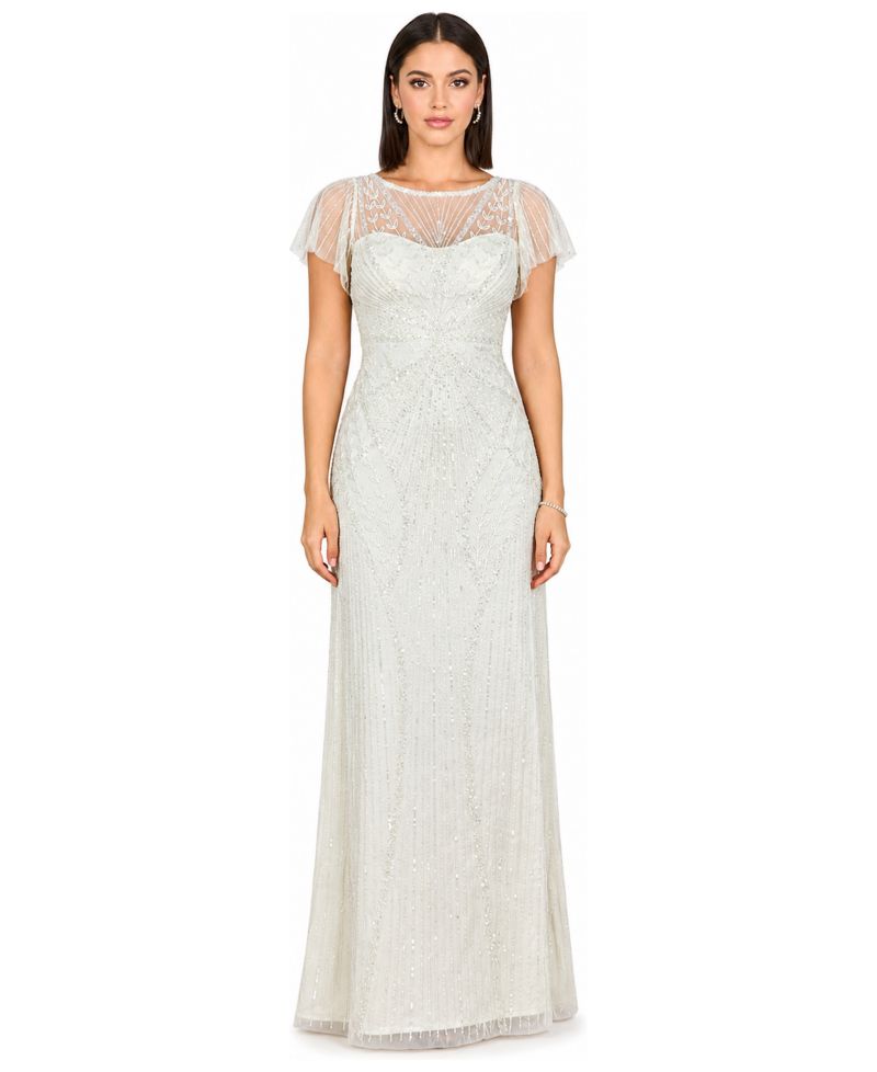 Women's Beaded Faux-Wrap V-Neck Bridal Gown