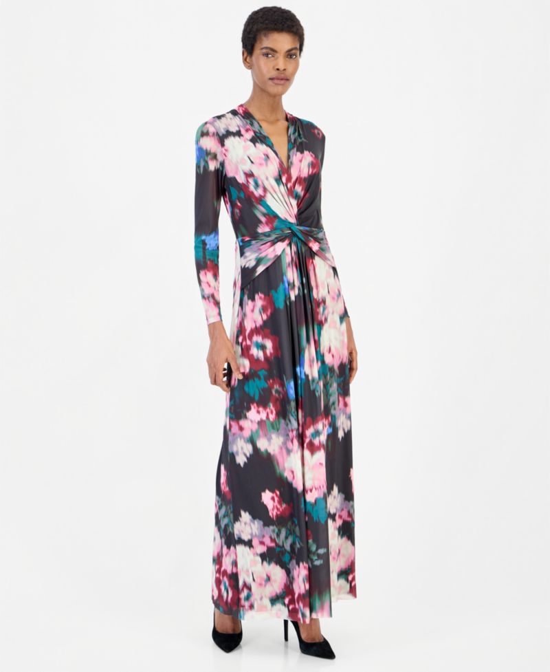 Plus Twist Front Maxi Floral Long-Sleeve A-Line Dress