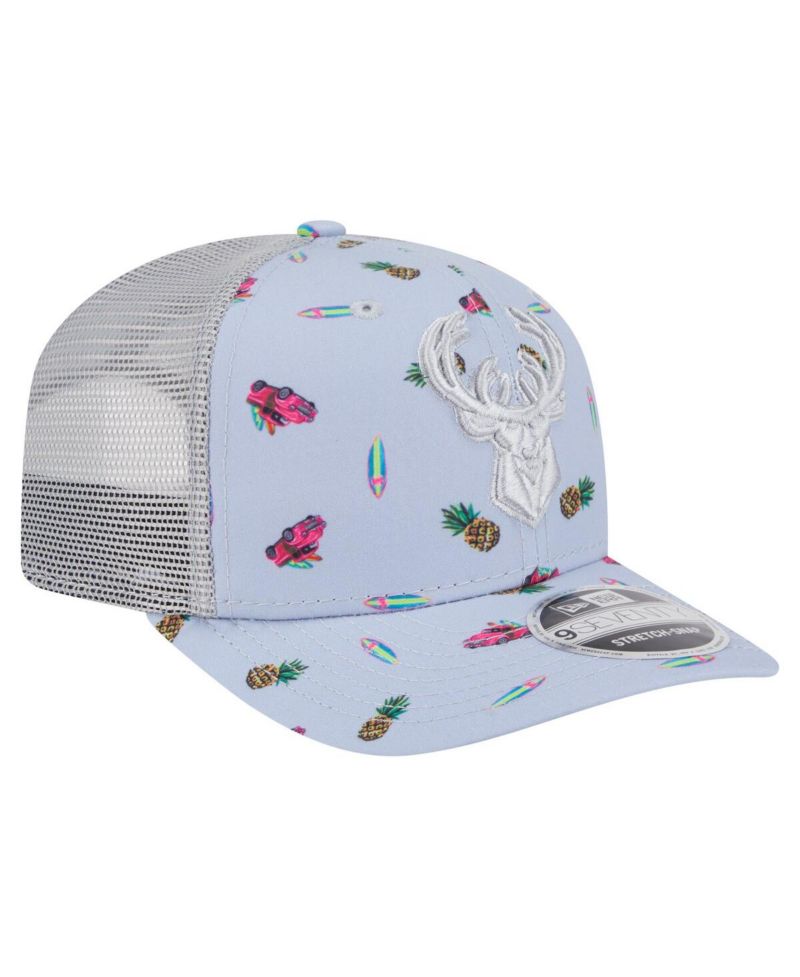 Men's Light Blue/Gray Milwaukee Bucks Adventure Aloha Pattern 9SEVENTY Stretch-Snap Hat