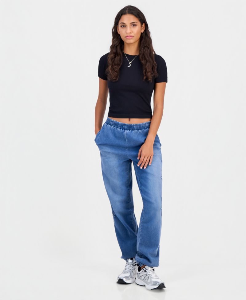 Juniors' High-Rise Star-Applique Denim Jogger