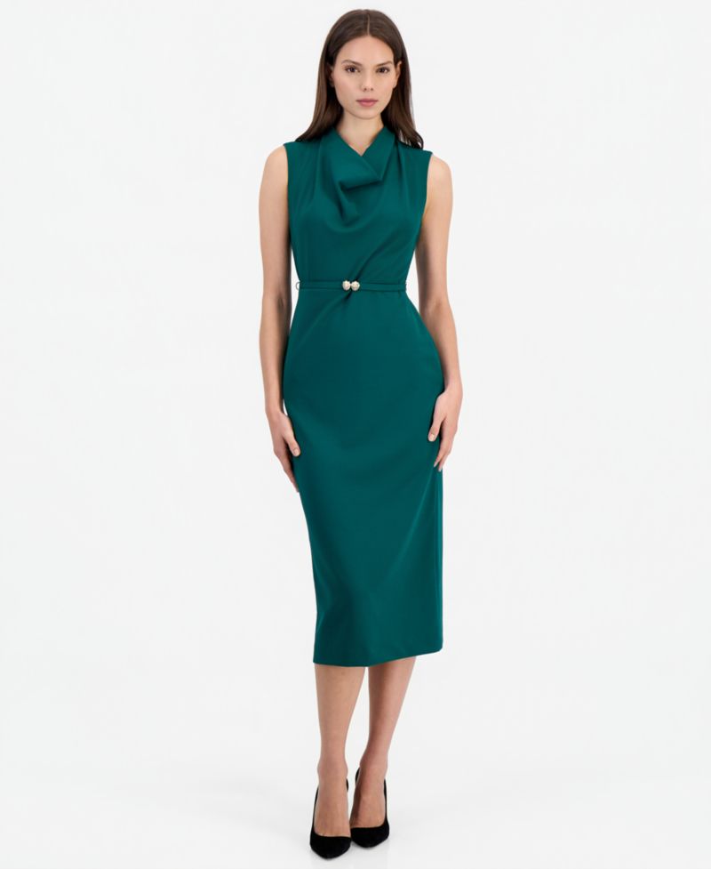 Women's Cowl Neck Belted Midi Dress