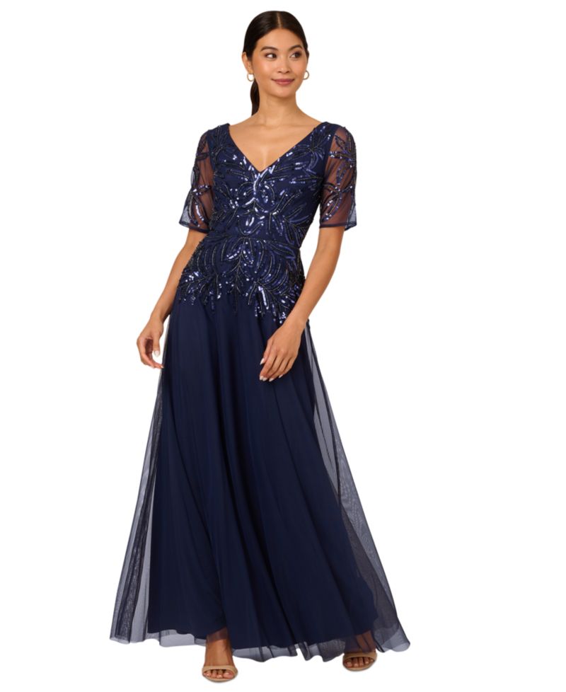 Women's Embellished Mesh V-Neck Gown
