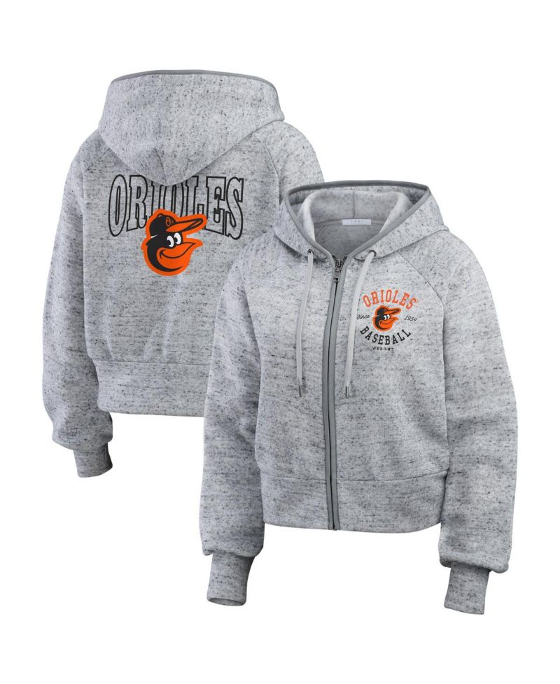 Women's Heather Gray Baltimore Orioles Speckled Fleece Cropped Full-Zip Hoodie