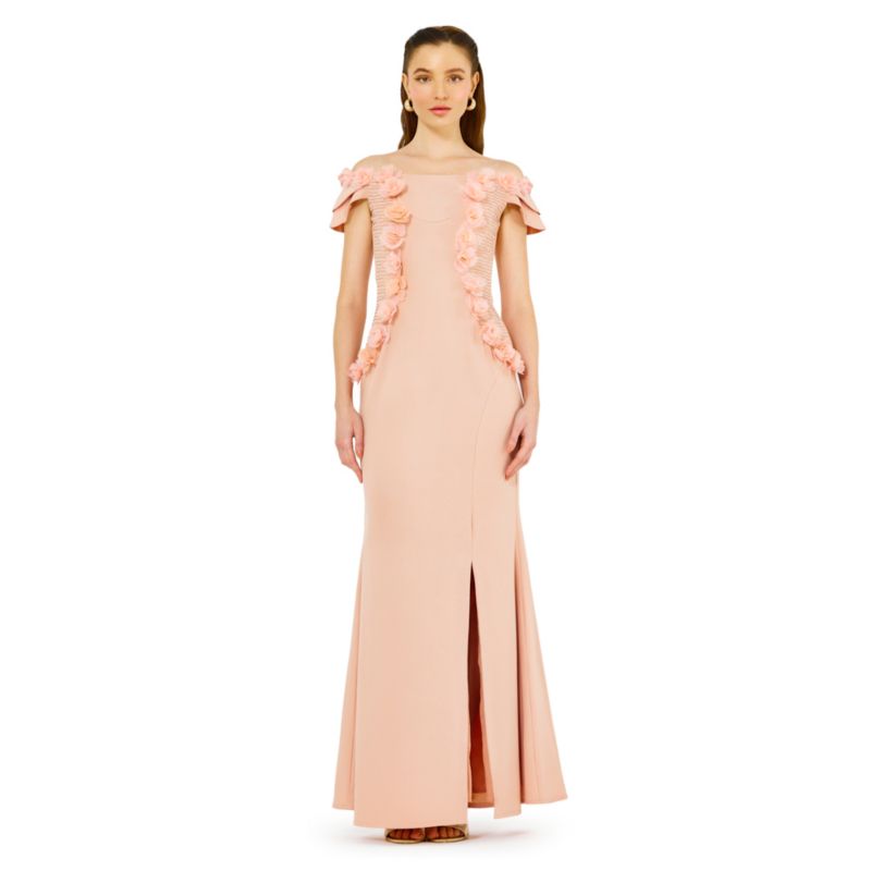 Women's Lace Cutout Floral Embellished Off-The-Shoulder Crepe Gown
