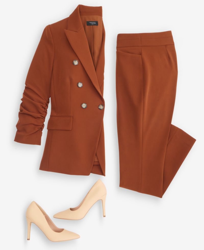Women's Ruched-Sleeve Double-Breasted Blazer & Seamed Waistband Pants