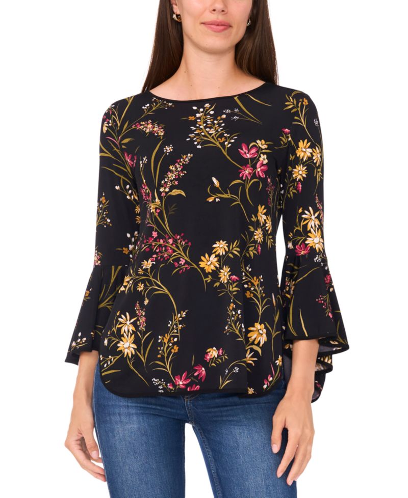 Women's Printed Crewneck 3/4-Bell-Sleeve Blouse