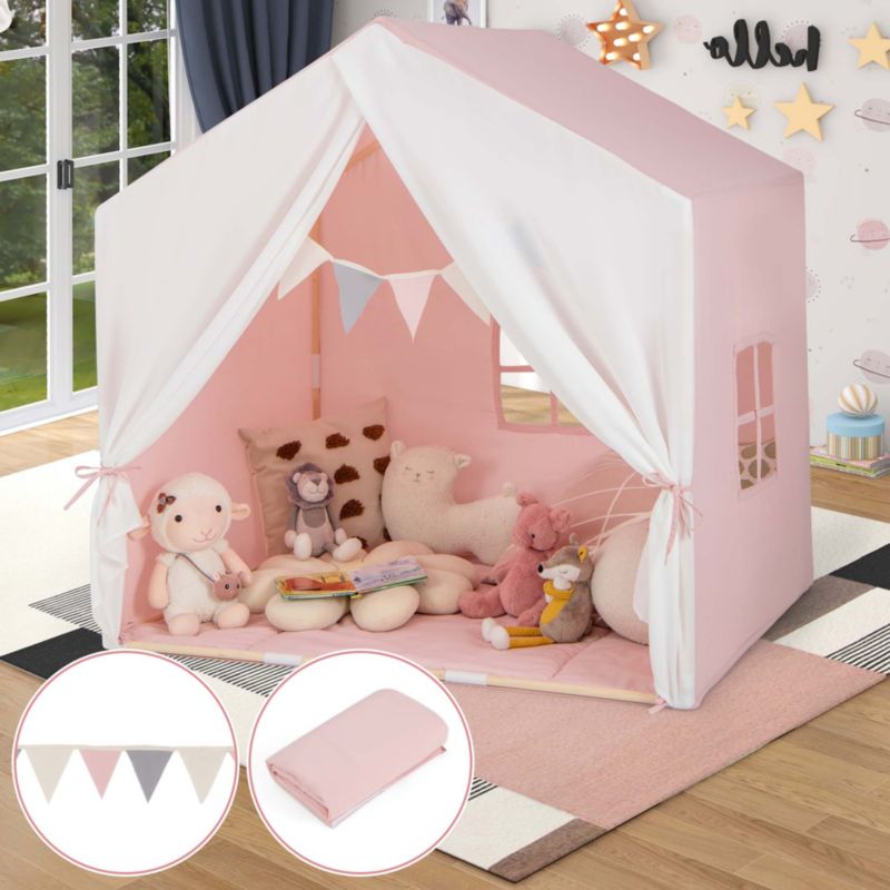 Kids' Castle Play Tent with Solid-Wood Frame and Washable Mat