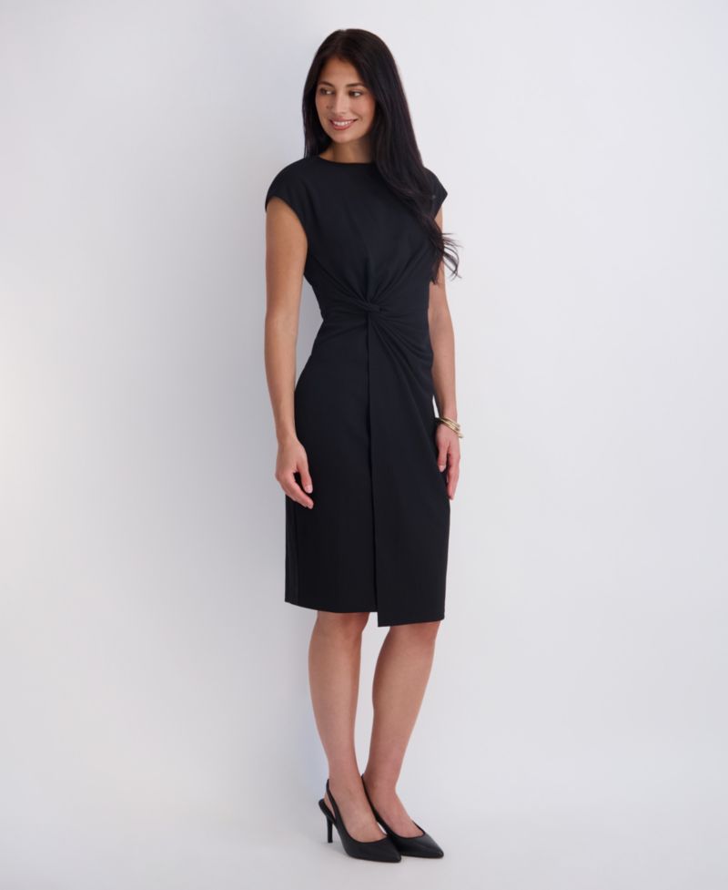 Women's Crepe Scuba Gathered Twist-Front Cap-Sleeve Dress