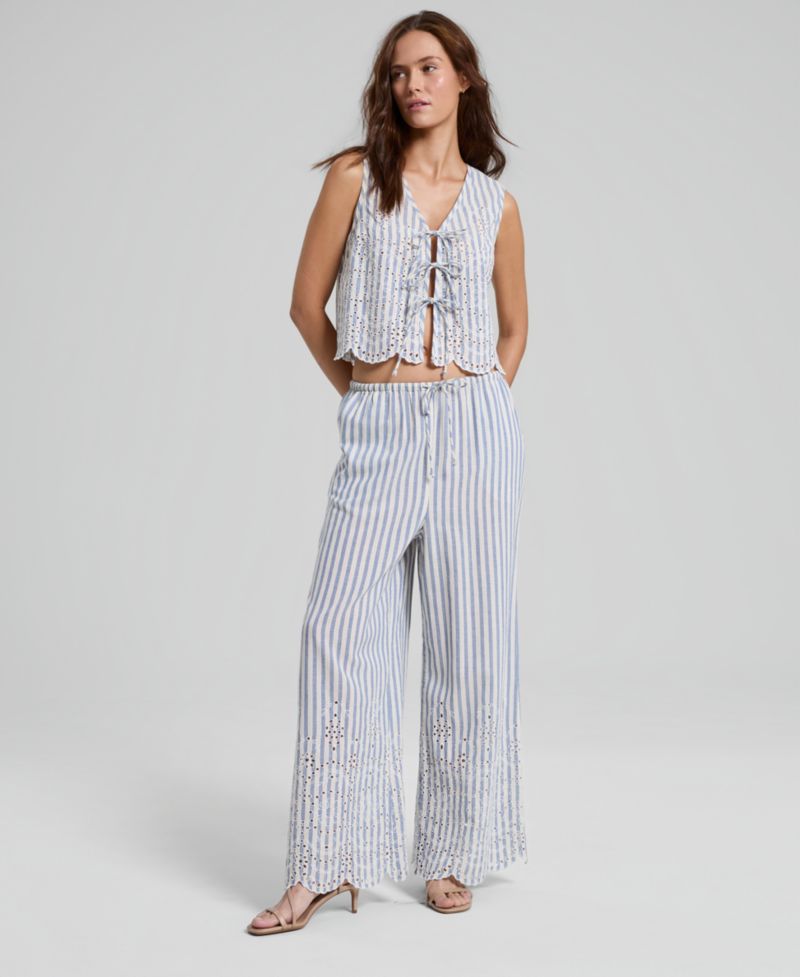 Petite Linen-Blend Wide Leg Drawstring Pant