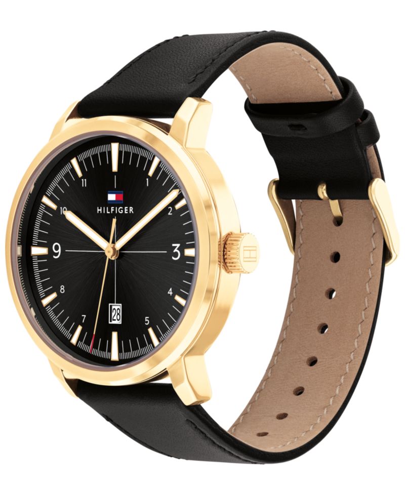 Men's Black Leather Strap Watch 44mm