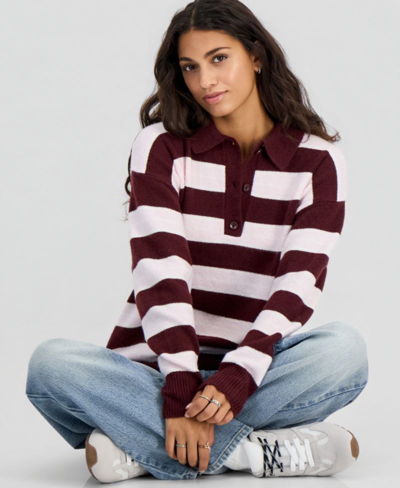 Juniors' Collar Rugby Slouchy Striped Sweater