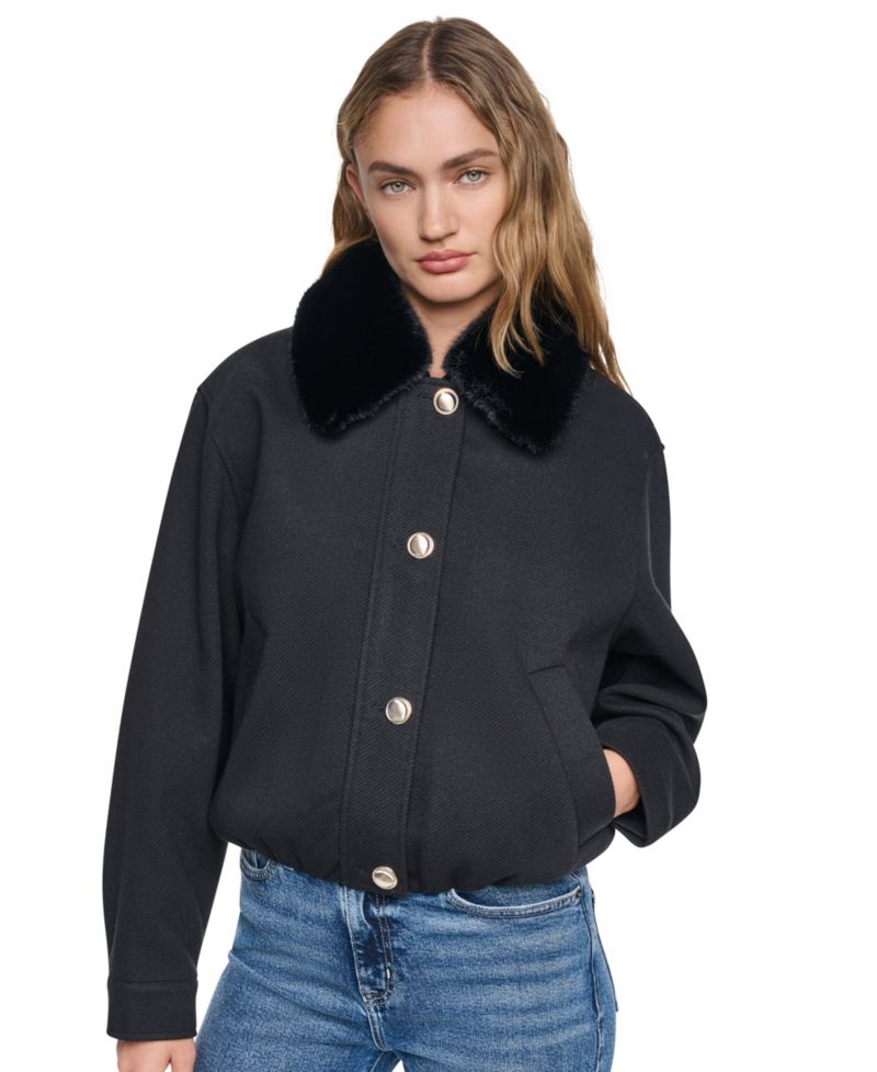 Women's Cropped Faux-Fur Collar Bomber Jacket