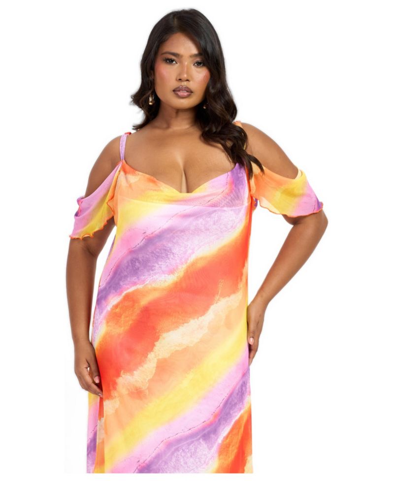 Women's Cold Shoulder Marble Print Maxi Dress