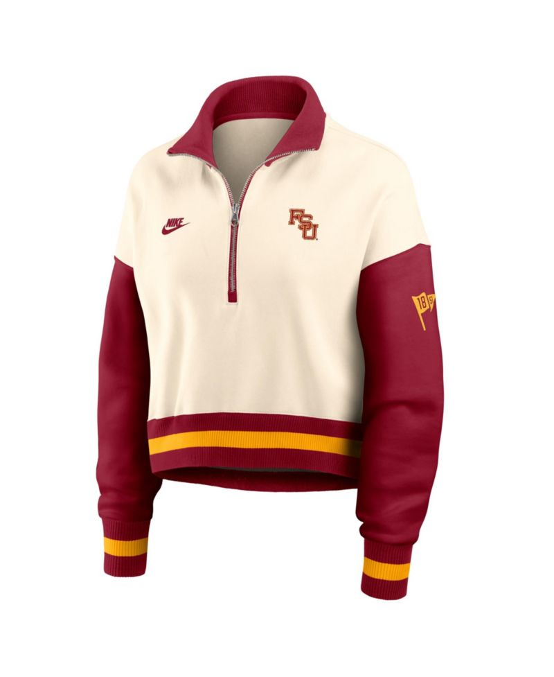 Women's Natural/Scarlet Florida State Seminoles Oversized Legacy Color Block Cropped Quarter-Zip Pullover Sweatshirt