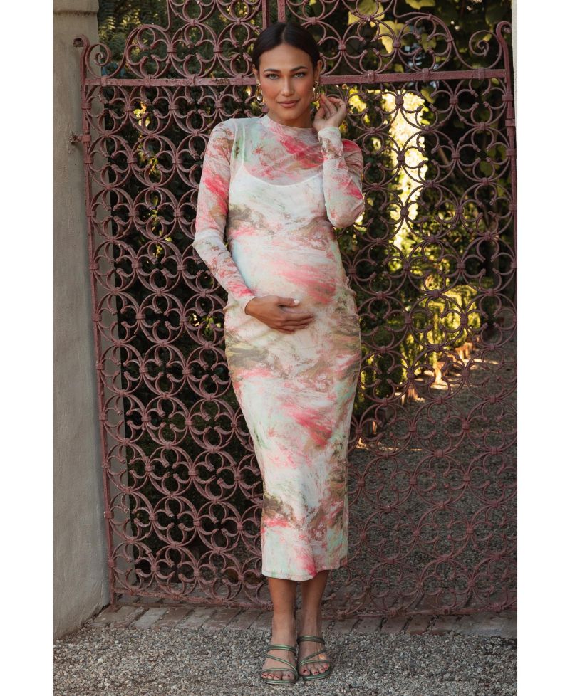 Women's Pink Abstract Printed Mesh Overlay Maxi Dress