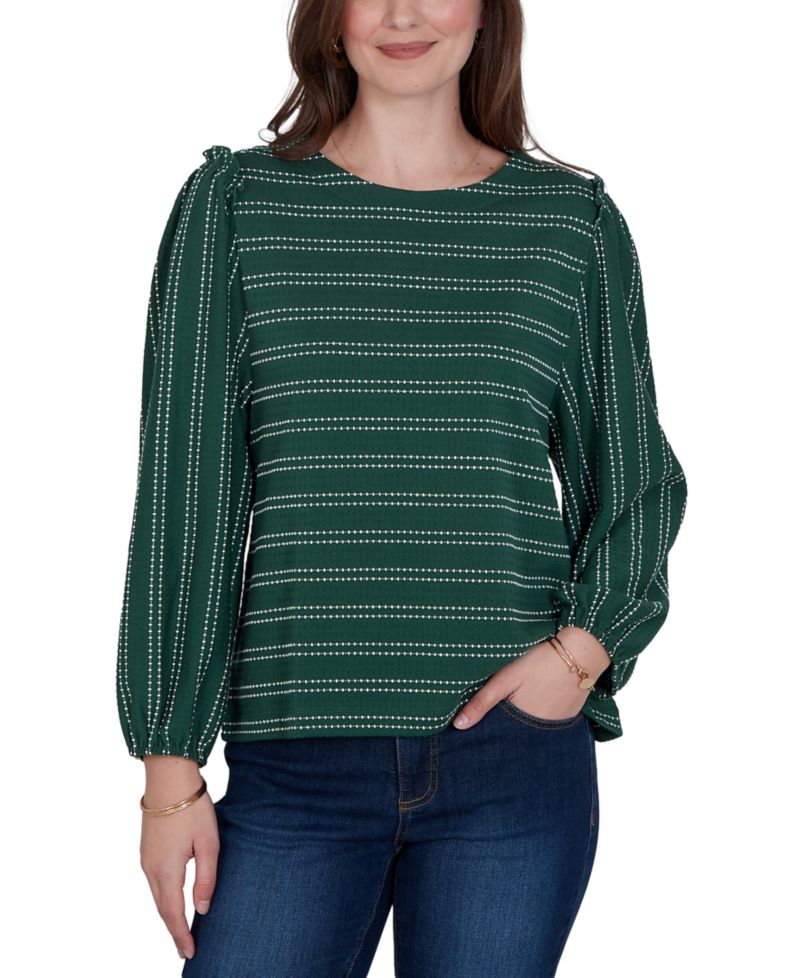 Petite Long-Sleeve Dobby-Stripe Crewneck Blouse