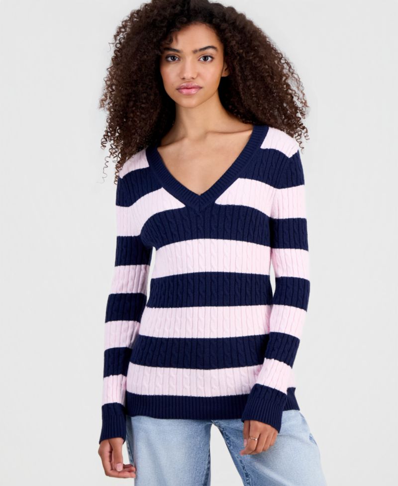 Juniors' Longline V-Neck Cable-Knit Sweater