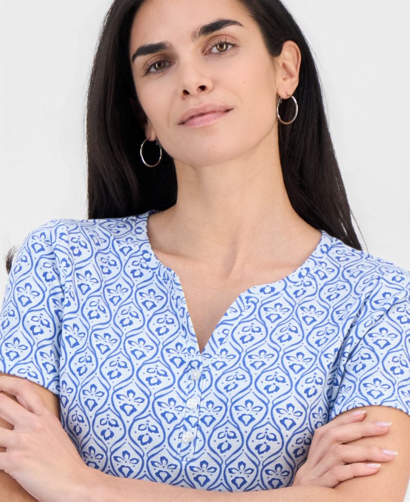 Petite Printed Short-Sleeve Henley Top