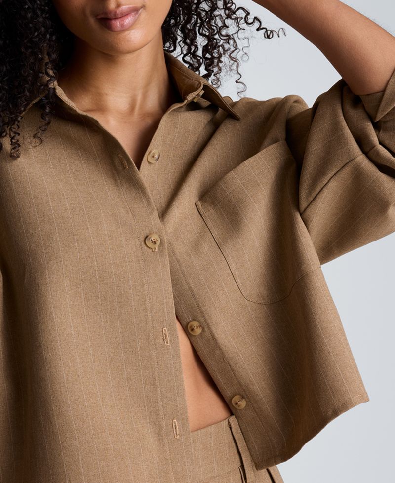 Women's Oversized Collared Long-Sleeve Crop Shirt