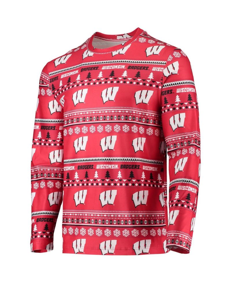 Men's Red Wisconsin Badgers Ugly Sweater Long Sleeve T-shirt and Pants Sleep Set