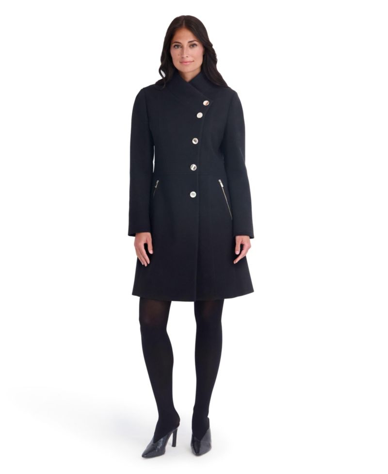 Women's Faux Wool Pea Coat With Asymmetrical Button Formation