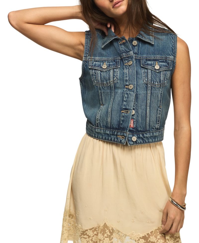Women's Medium Wash Cropped Denim Trucker Vest