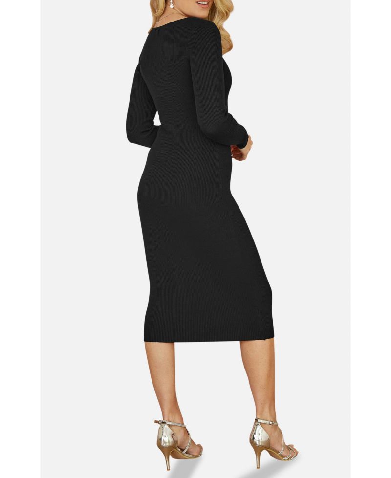Women's Ribbed Zip-Neckline Fitted Midi Dress