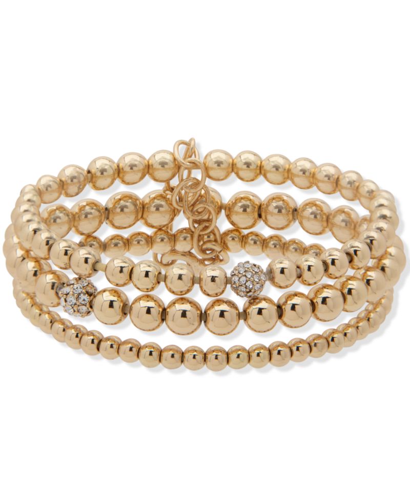 Gold-Tone 3-Pc. Set Pav&eacute; Fireball & Beaded Stretch Bracelets