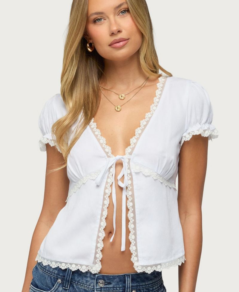 Women's Eman Lacey Short-Sleeve V-Neck Tie-Front Top