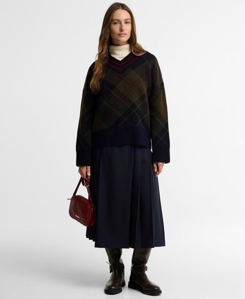 Women's Shae Tartan-Print V-Neck Long-Sleeve Sweater