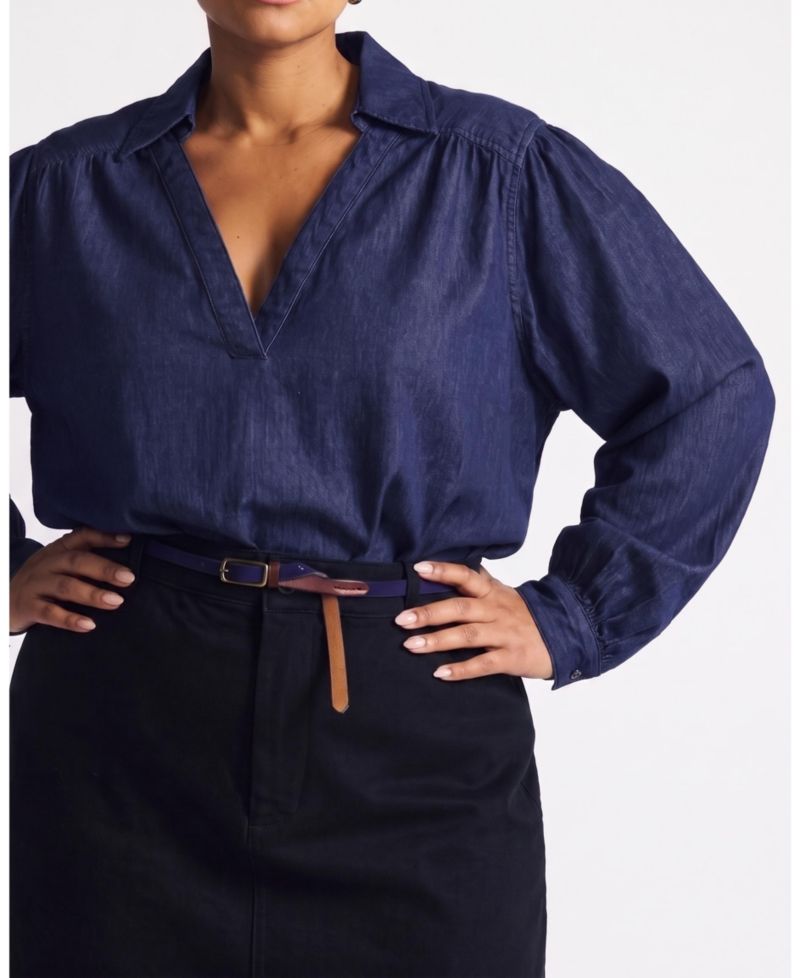 Plus Size Maisie Chambray Popover Long-Sleeve Blouse