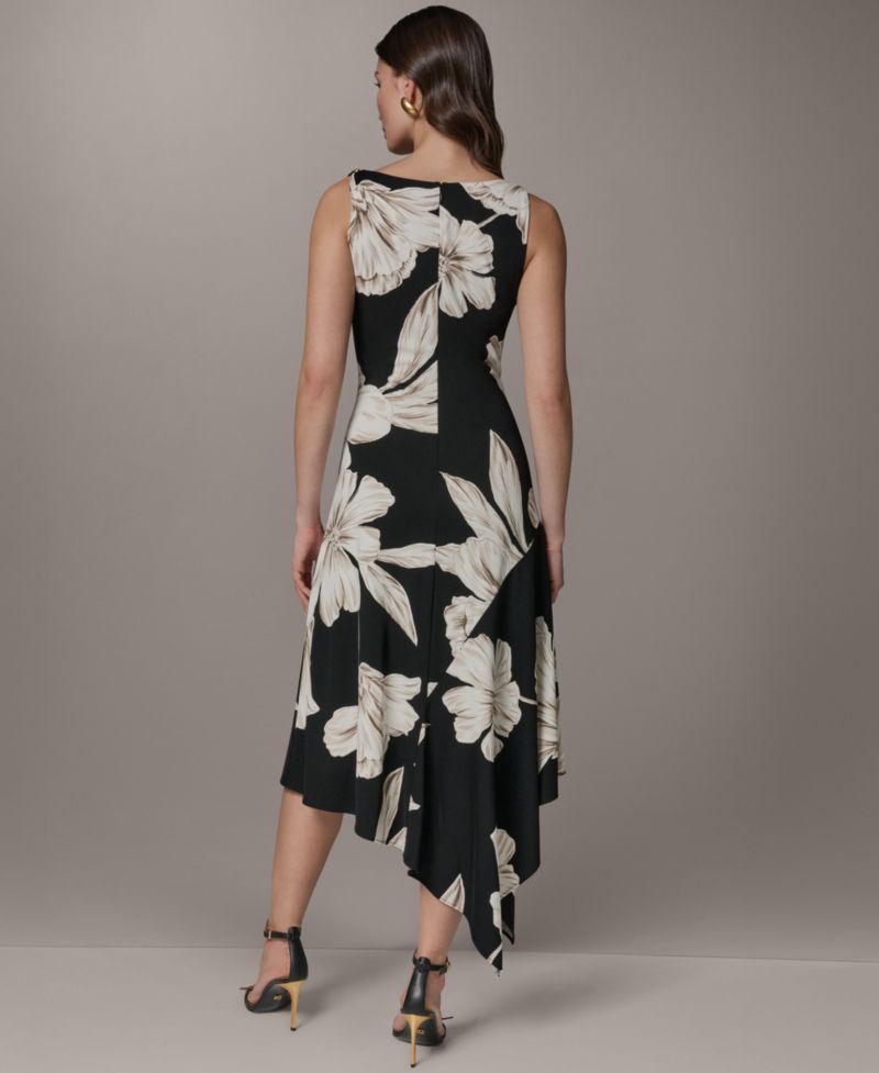 Women's Sleeveless Floral Cowl Neck Asymmetrical Midi Dress