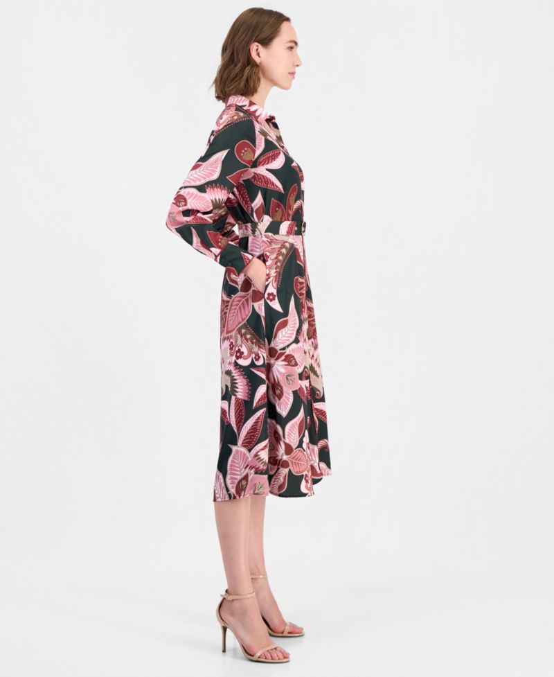 Women's Floral Long-Sleeve Fit-and-Flare Midi Dress
