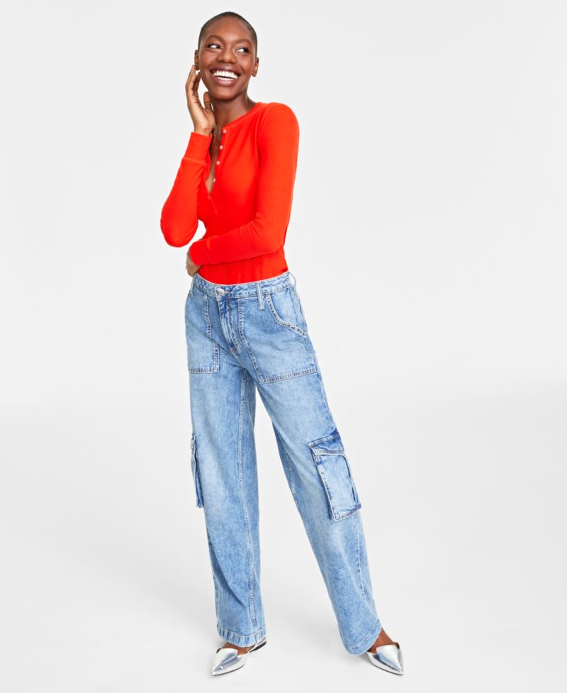 Women's Light Wash High Rise Utility Cargo Jeans