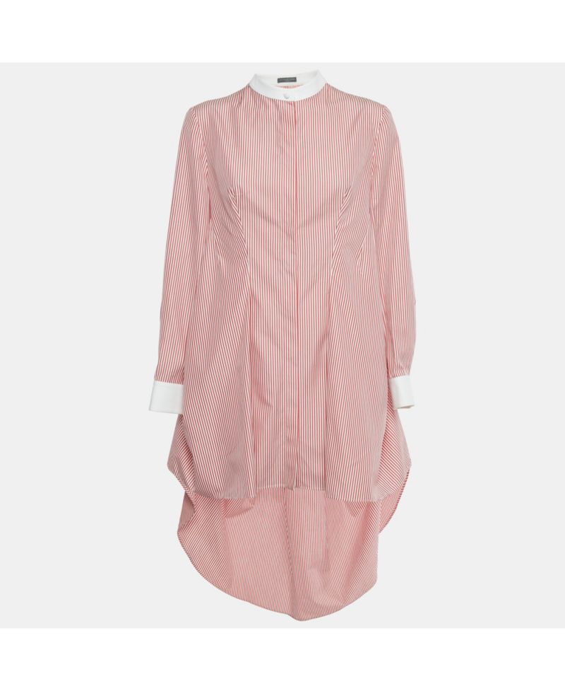 Women's Red /white Striped Cotton High Low Shirt Dress