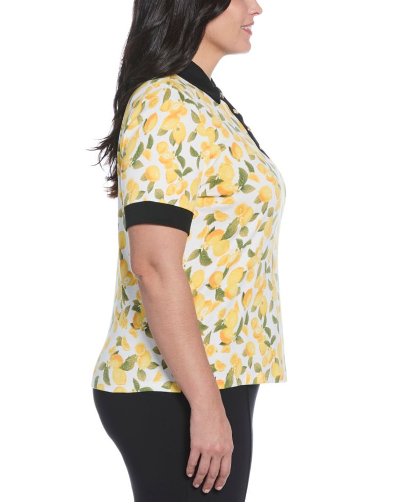 Plus Size Lemon Print Buttoned Elbow Length Sleeve Polo T-Shirt