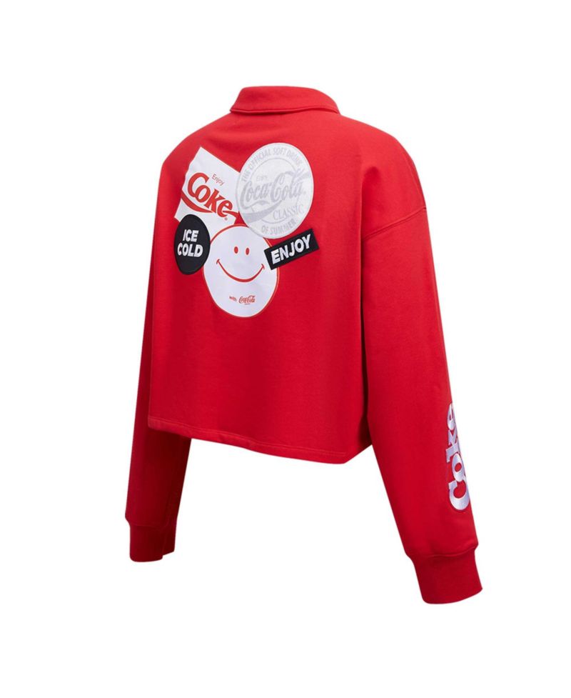 Women's Red Coca-Cola Ice Cold Long Sleeve Cropped Polo Shirt