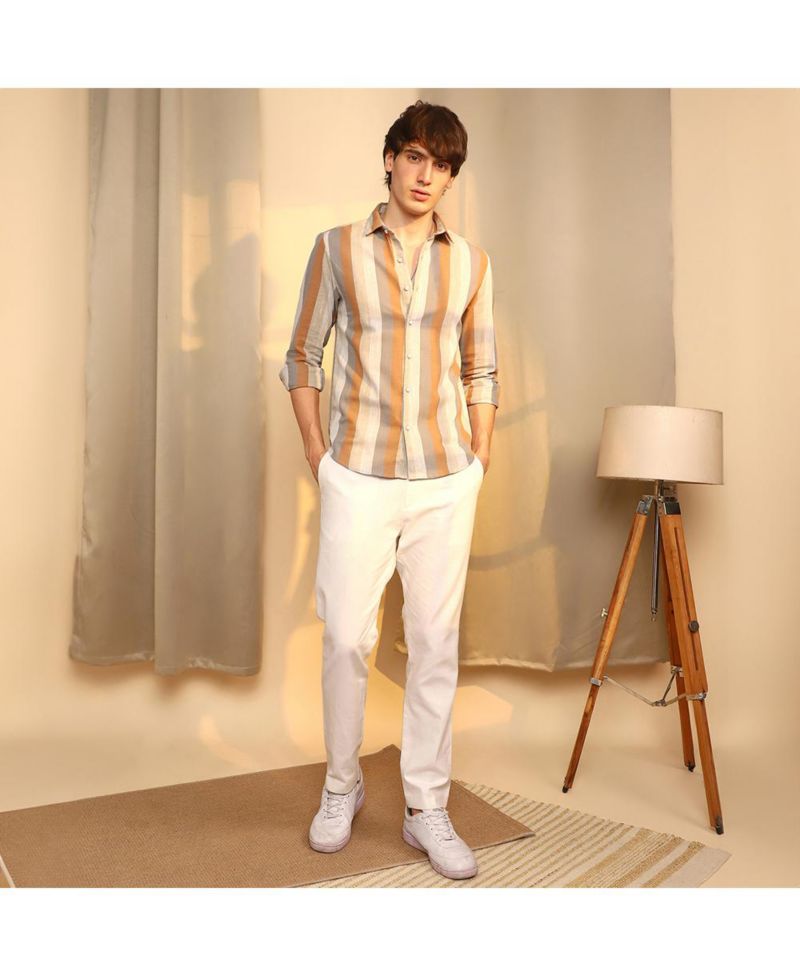 Men's Copper Brown & Peanut Brown Block-Striped Shirt