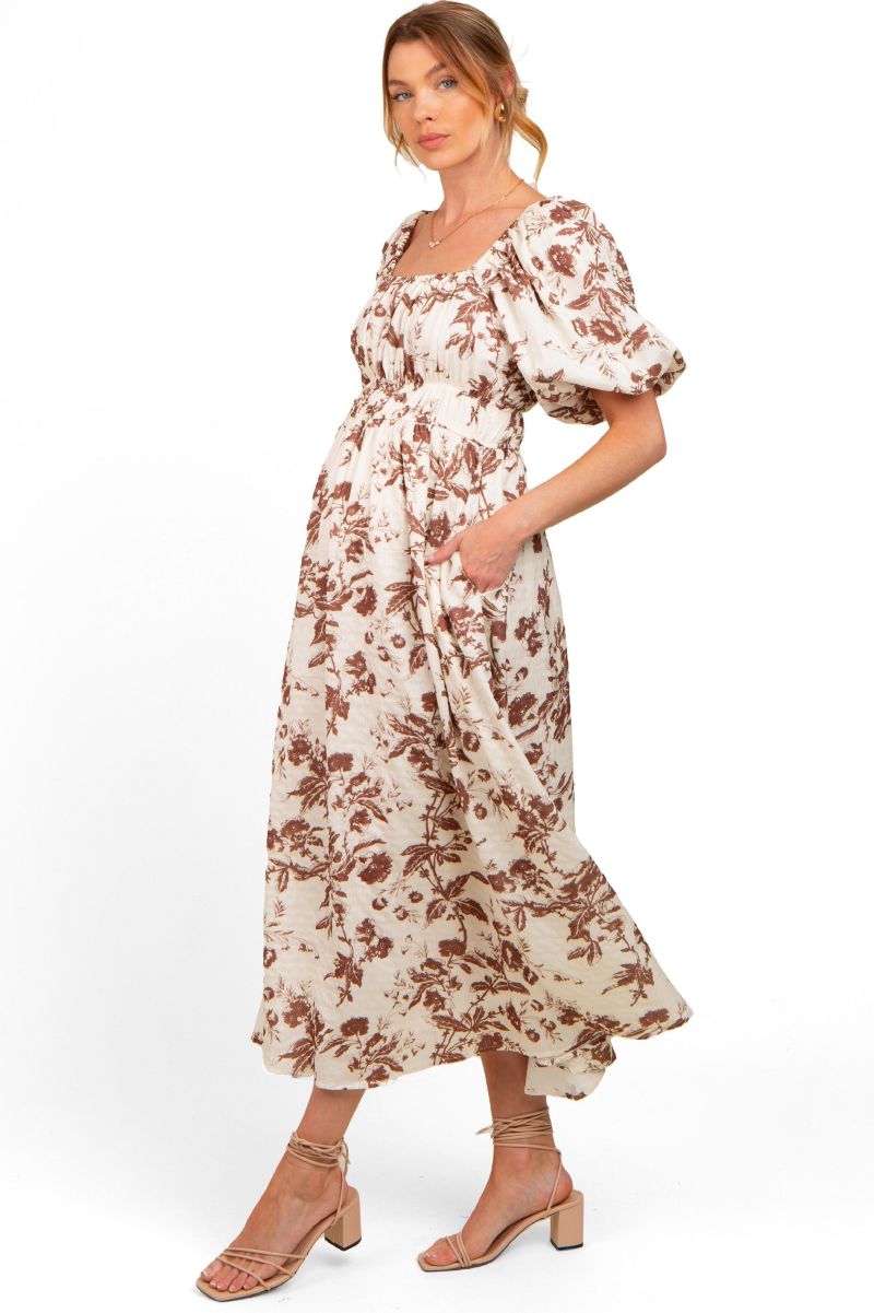 Women's Blue Floral Puff Sleeve Midi Dress