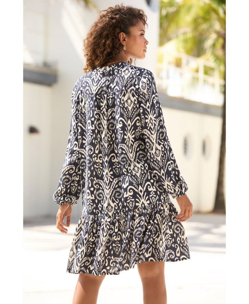Women's Viscose Printed Tunic Ruffle-Trim Notch-Neck Short Dress