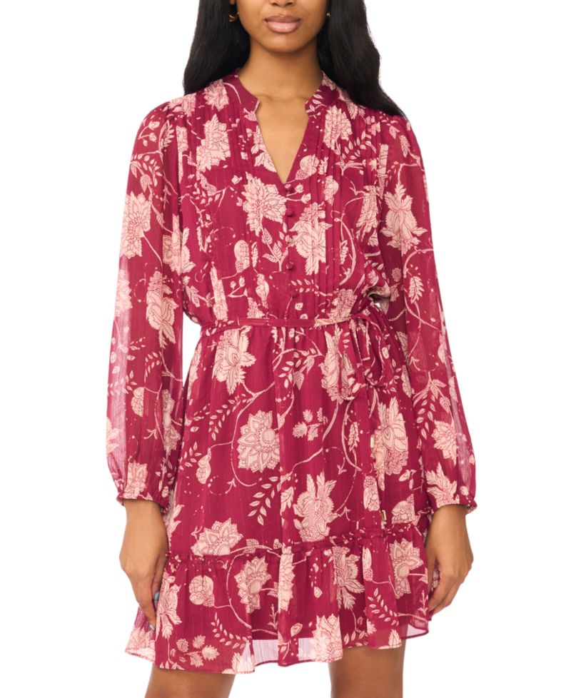 Petite Long-Sleeve Floral-Print Belted Chiffon Shirt Dress