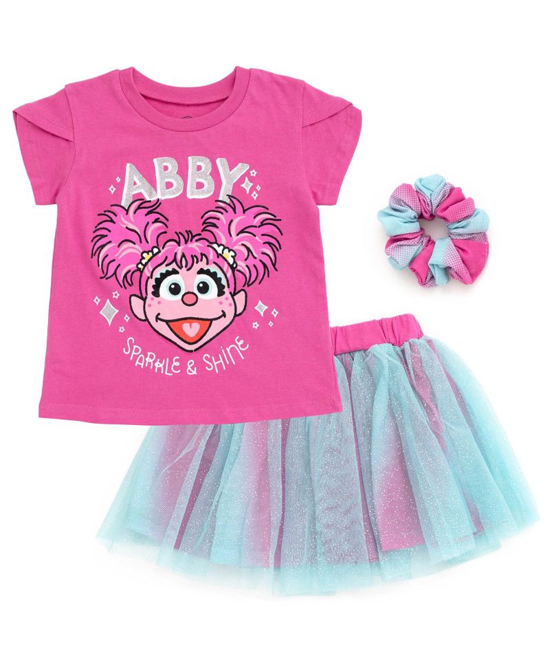 Baby Girls Elmo Abby Cadabby T-Shirt Tulle Skirt and Scrunchie 3 Piece Outfit Set to