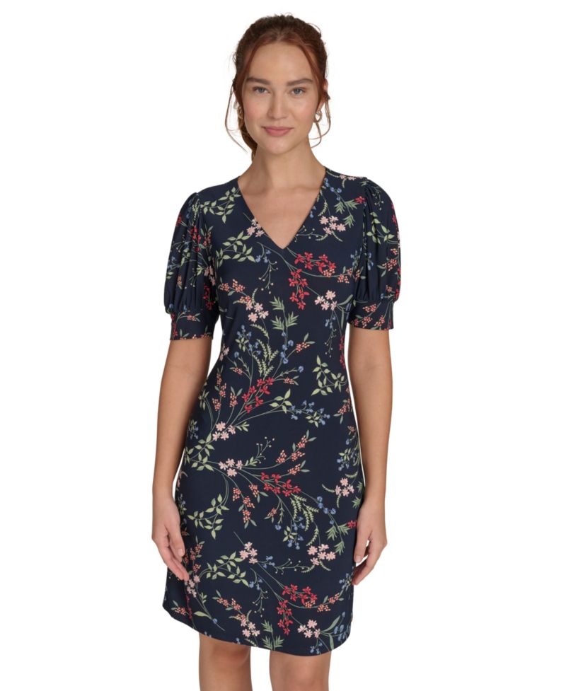 Women's Puffed-Sleeve Floral Shift Dress
