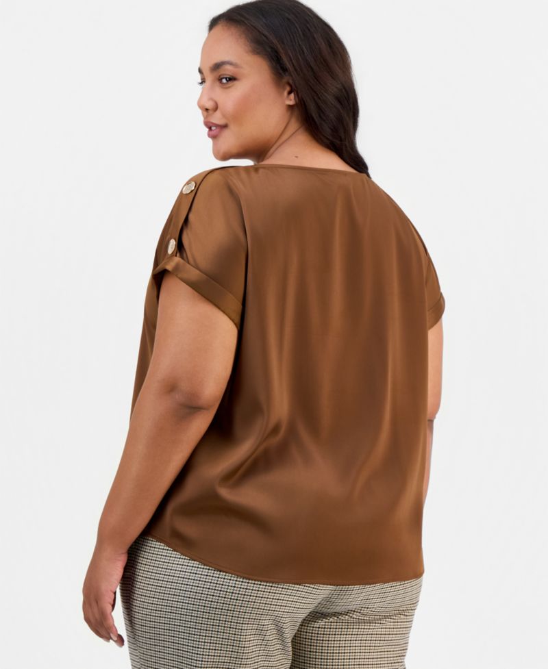 Plus Size Satin Short-Sleeve Shoulder Button Detail Blouse
