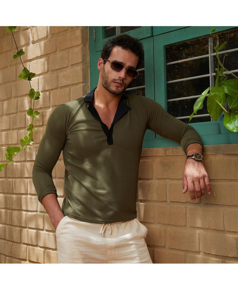 Men's Olive Green Obsidian Black Textured Cuban Polo T-Shirt