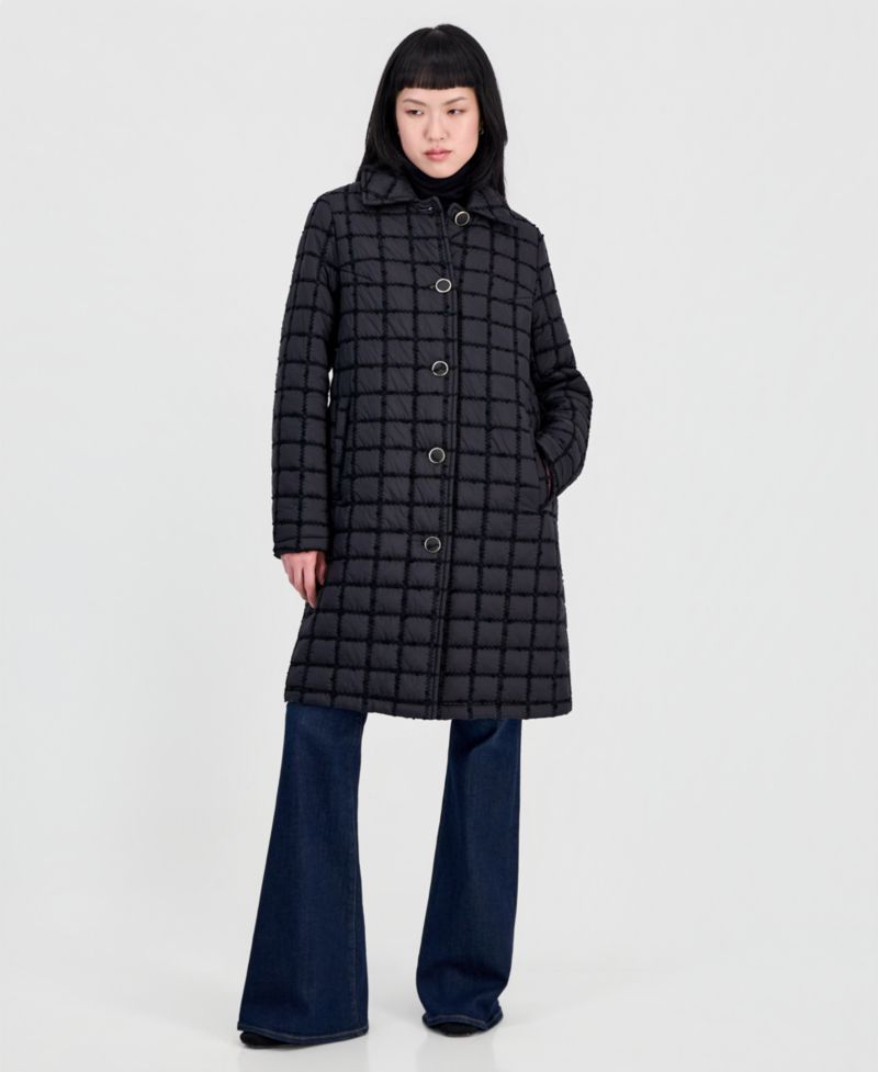 Women's Long Windowpane Quilted Coat