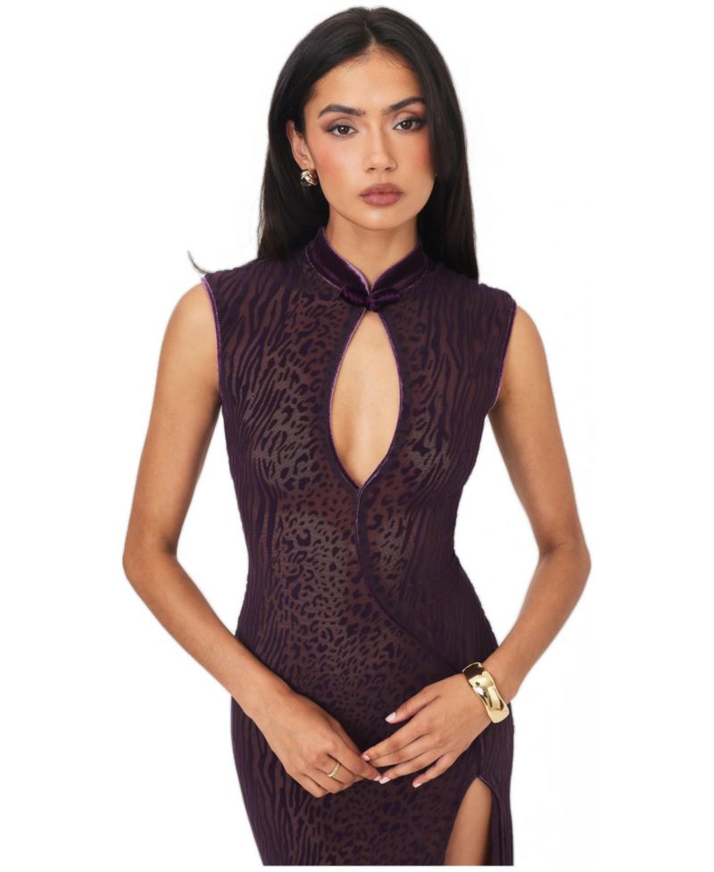 Women's Riona Party-Cocktail Burnout-Velvet Keyhole Maxi Dress