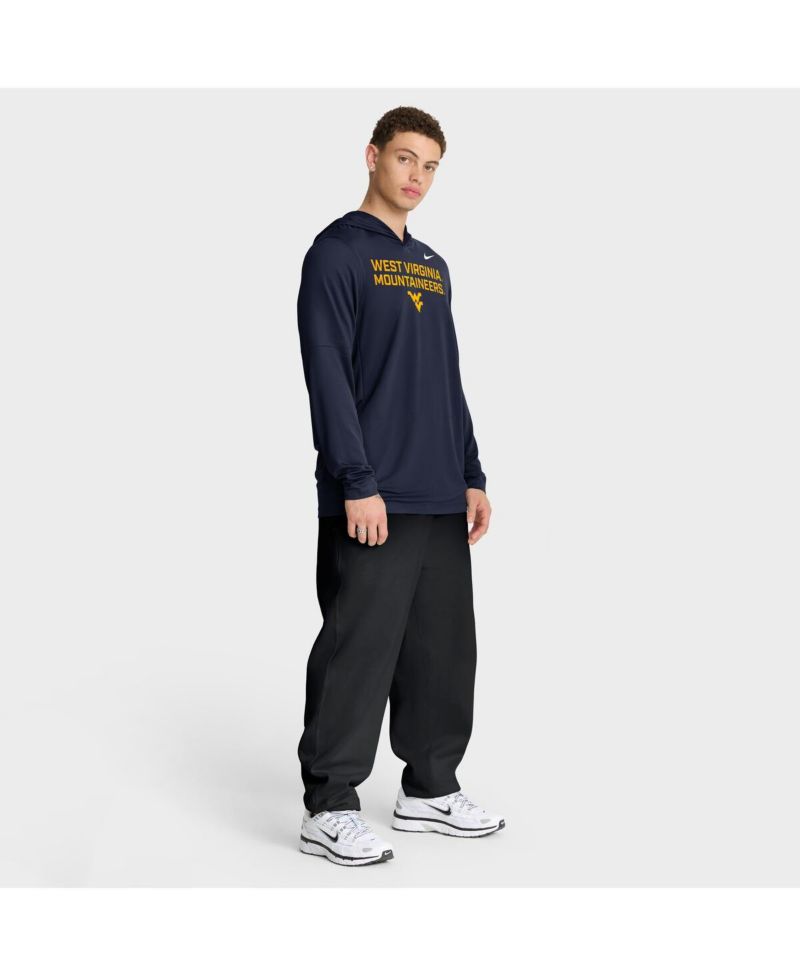 Men's Navy West Virginia Mountaineers 2025 Sideline Performance Long Sleeve Hoodie T-Shirt